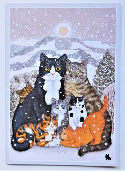 GB Große Klappkarte Katzenfamilie im Schnee