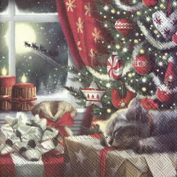 Servietten Cat Waiting for Christmas